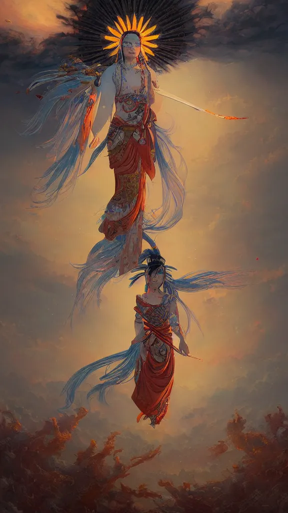 Prompt: painting of a beautiful rendition of the mythical character amaterasu, the sun goddess in the high plains of heaven, illustration, artistic, colorful, hyper detailed, in the style of greg rutkowski,