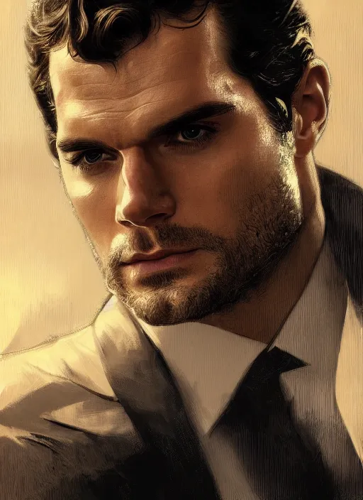 Image similar to portrait of henry cavill as james bond, key art, sprinting, palm trees, highly detailed, digital painting, artstation, concept art, cinematic lighting, sharp focus, illustration, by gaston bussiere alphonse mucha