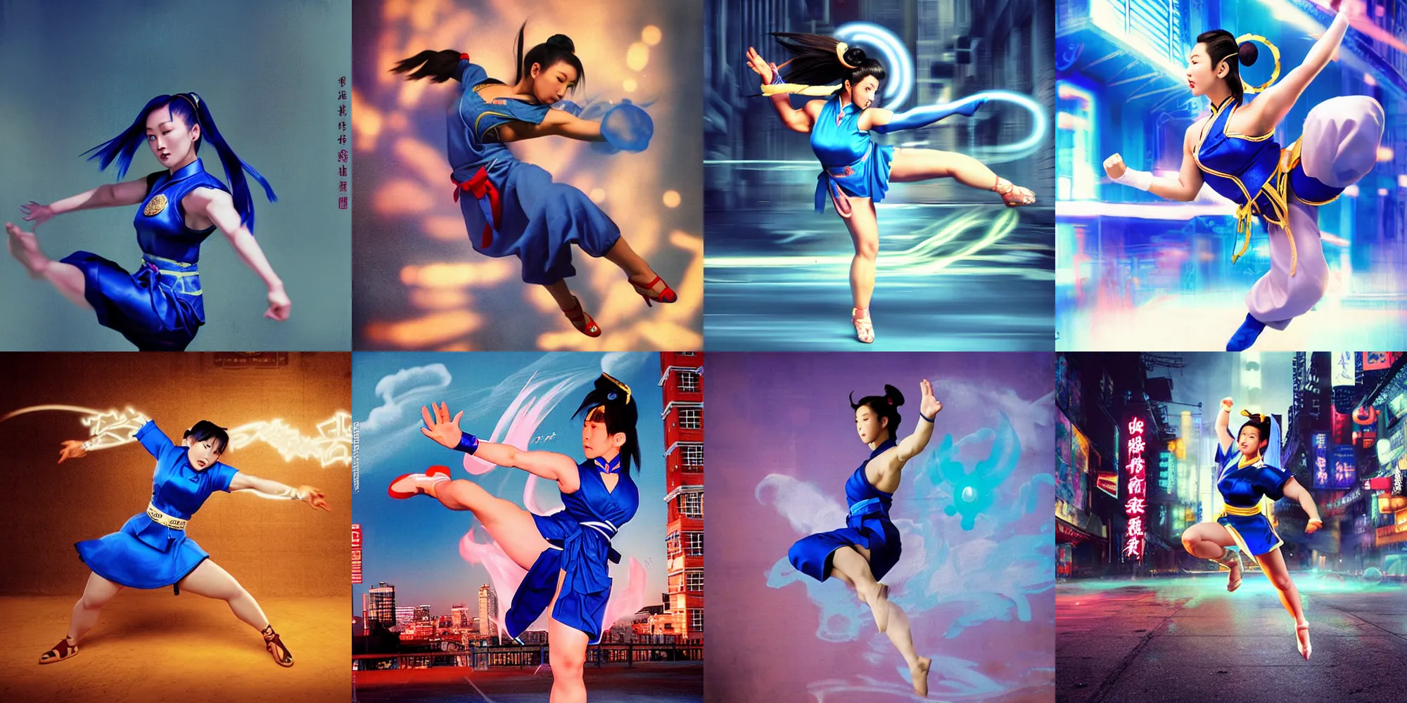 Prompt: chun - li, in a blue qipao, standing, doing a kick, long exposure, street fighter, matte painting by akira yasuda