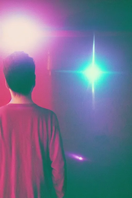 Image similar to agfa vista 4 0 0 photograph of a powerful psychic guy emitting psychic powers, back view, synth vibe, vaporwave colors, lens flare, moody lighting, moody vibe, telephoto, 9 0 s vibe, blurry background, grain, tranquil, calm, faded!,