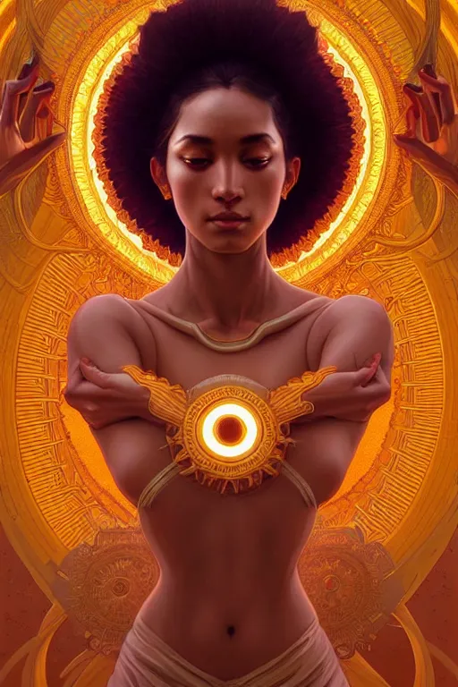 Image similar to symmetry!! intense fanart of 3 / 4 full front pose of a sensual sun goddess, protagonist, intricate, elegant, highly detailed, my rendition, digital painting, artstation, concept art, perfect, smooth, sharp focus, illustration, art by artgerm, kilian eng, greg rutkowski and alphonse mucha