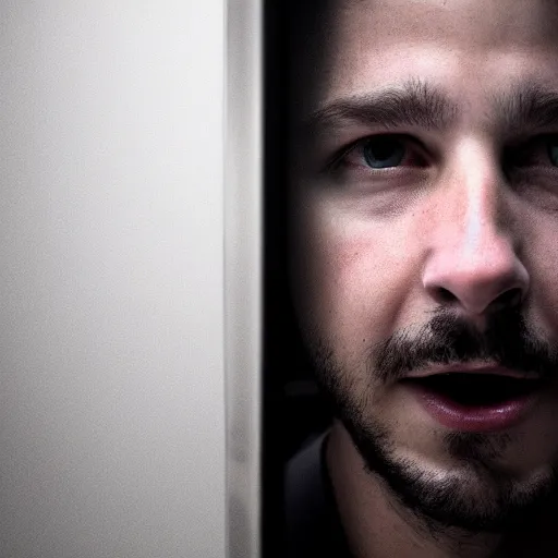Prompt: A terrifying portrait of Shia Labeouf in an elevator, extreme horror movie, dark, moody, sci-fi, steam, smoke, atmospheric, 4K render, sharp, Octane