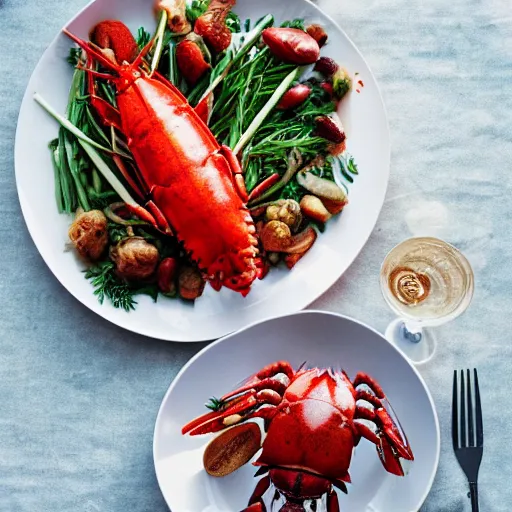 Prompt: a lobster dinner, cookbook photo, good composition