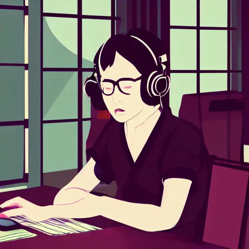 Image similar to illustration of female japanese student in profile, sat at her desk, her face lit by the computer screen, wearing headphones, japan, window, tokyo, neon lights outside , Hayao Miyazaki