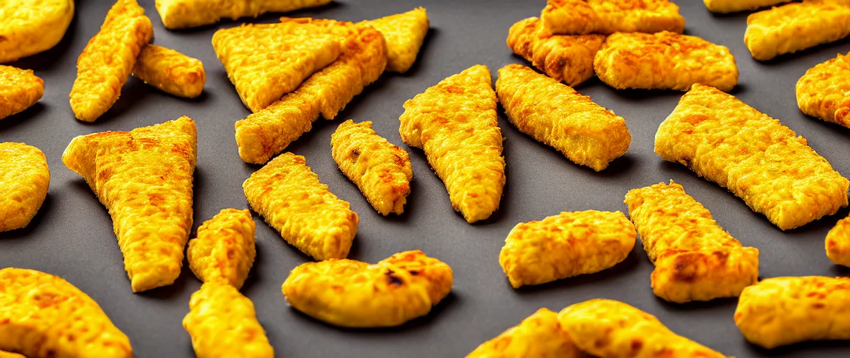 Prompt: hyperrealistic pizza slices and chicken nuggets pop art walter battiss dramatic yellow lighting low angle hd 8k sharp shallow depth of field