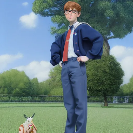 Prompt: a realistic fullbody photograph of a nerdy school boy in a park, school uniform, clear details, golden ratio, gerald brom, alan lee, hyperrealism, 8 k, unreal engine