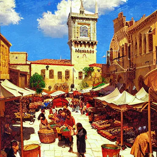 Prompt: a busy medieval Mediterranean street market , beautiful digital art, cinematic composition, detailed, concept art, Matt painting, oil painting, Sigma 24 mm f/8, 1/10 s shutter speed art by Norman Rockwell