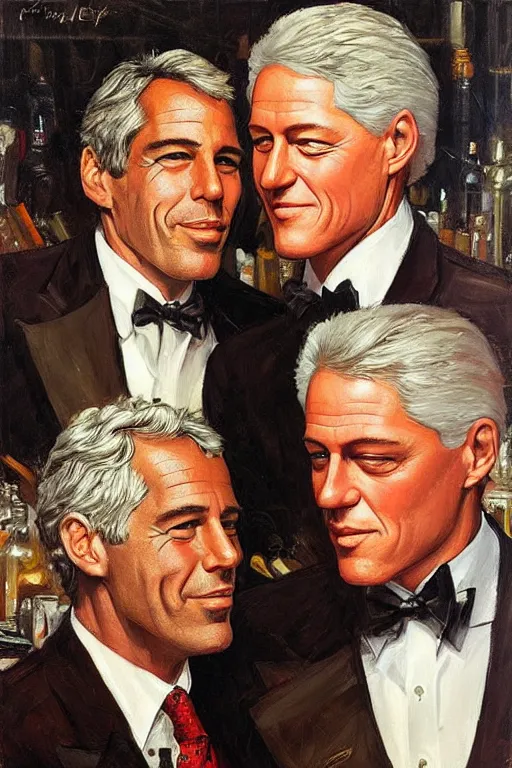 Prompt: jeffrey epstein and bill clinton, painting by jc leyendecker!! phil hale!, angular, brush strokes, painterly, vintage, crisp