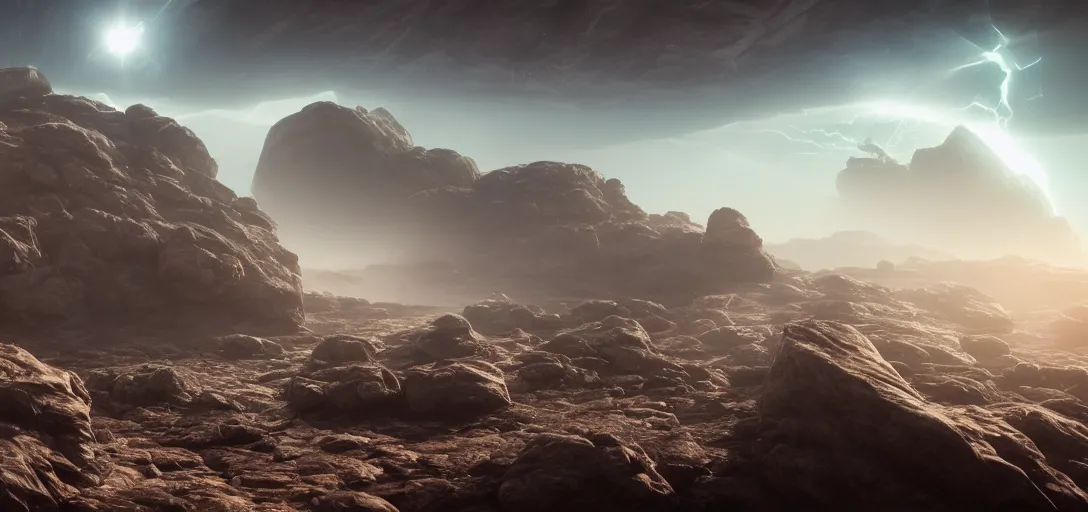 Image similar to dramatic view of empty rocky alien wasteland, mysterious aquamarine glowing fog, small floating rocks in the sky, glowing nacreous clouds,, unreal engine, dramatic lighting, detailed, ambient occlusion, global illumination, god rays, 3 d artstation render by greg rutowski and jessica rossier