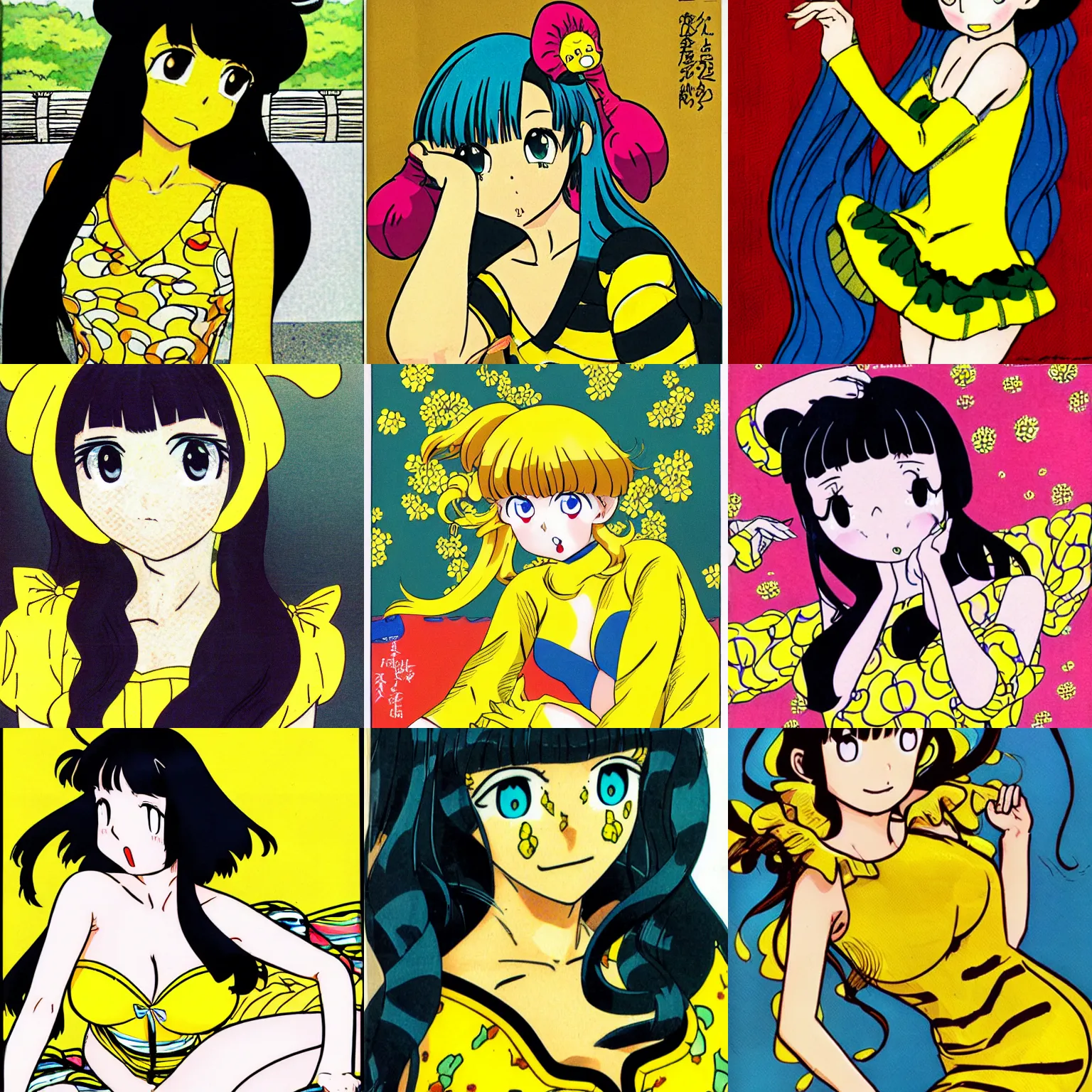 Prompt: close portrait lum invader weared in yellow dress, manga by rumiko takahashi