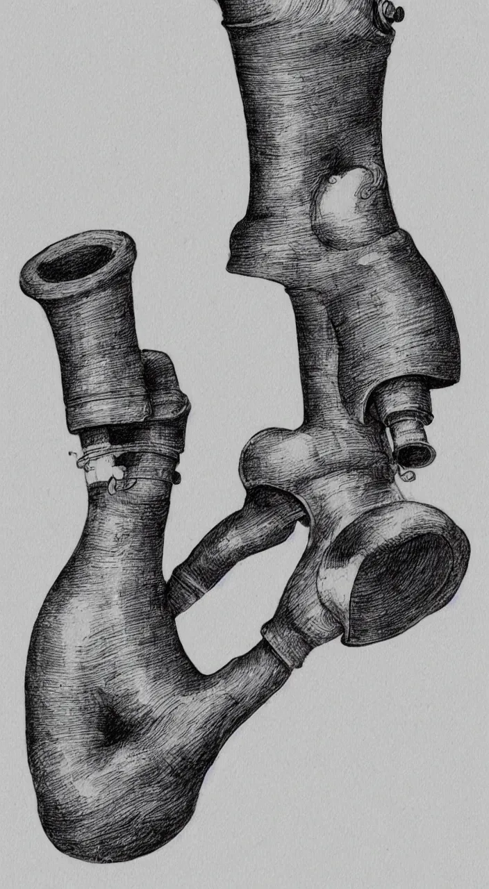 Prompt: a bagpipe with unglazed ceramic pipes shaped like a human larynx, in the style of a medical drawing, 8k,