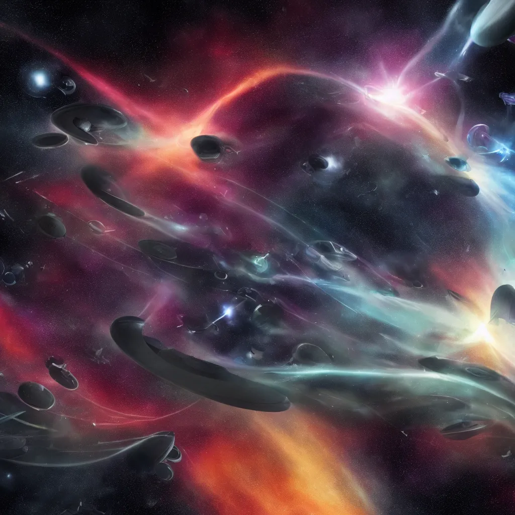 Image similar to galactic space fleet flying into a black hole 8 k resolution