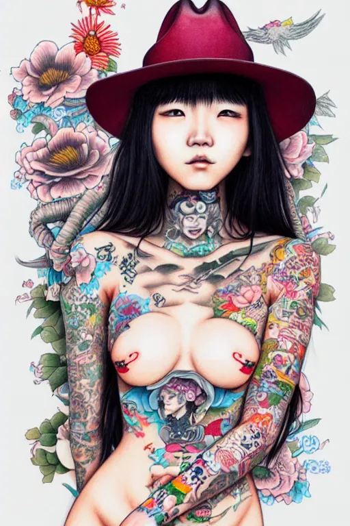 Image similar to full view of taiwanese girl with tattoos wearing cowboy hat, style of yoshii chie and hikari shimoda and martine johanna, highly detailed