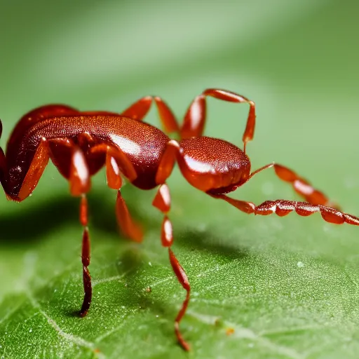 Image similar to cybernetic ant on a green leaf, macro photography, 8 k, cinematic lighting, shallow depth of field,