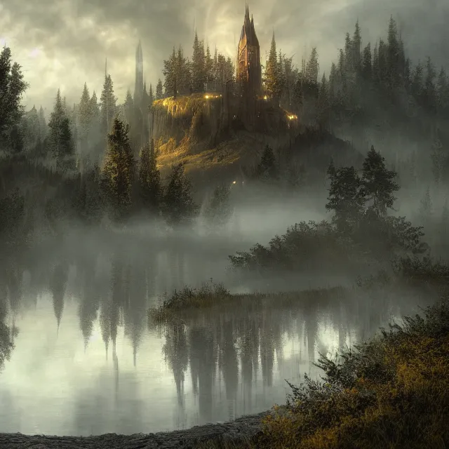 Prompt: a tower emerging from a lake, fog, fir trees, dramatic atmosphere, gloomy, yellow light in the clouds, medieval adventurers in lord of the rings scenery landscape, reflections, highly detailed, cinematic lighting, perfect composition, 4 k, gustave dore, derek zabrocki, greg rutkowski, belsinski, octane render