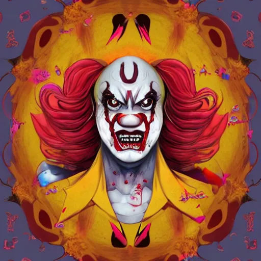 Image similar to 4K headshot of scary clown with defined arms and open hands and bloody clothes with giant mandala wings , intricate face , flawless anime cel animation by Kentaro Miura, psychedelic , highly detailed upper body , professionally post-processed , beautiful, scary, symmetry accurate features, epic, octane rendered, anime masterpiece, accurate