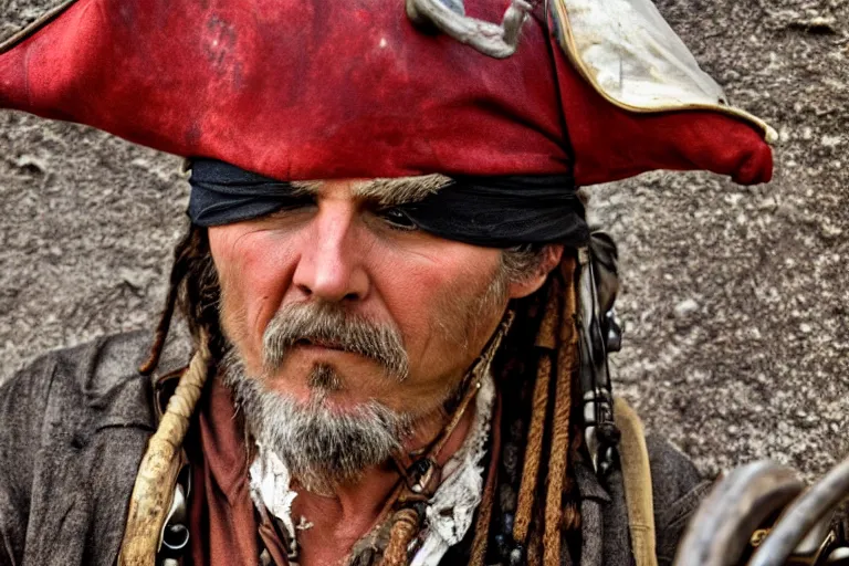 Image similar to closeup old pirate with a flintlock pistol on an old pirate ship, by emmanuel lubezki