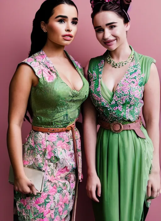 Image similar to portrait of demi rose and emilia clarke wearing green kebaya and pink silk belt, bali, by charlotte grimm, natural light, detailed face, beautiful features, symmetrical, canon eos c 3 0 0, ƒ 1. 8, 3 5 mm, 8 k, medium - format print,