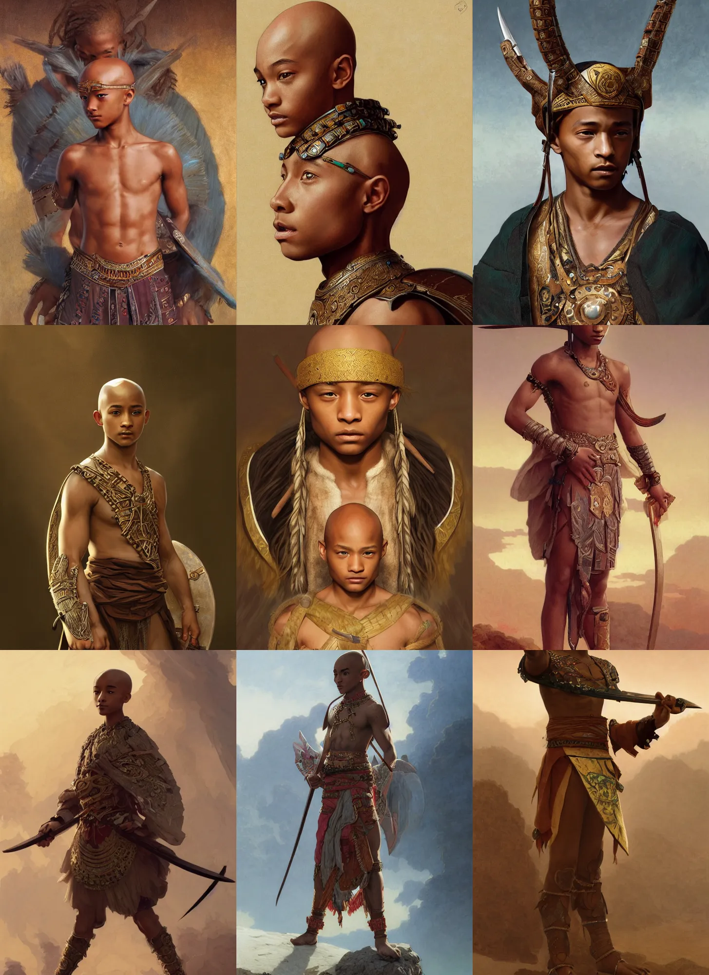 Prompt: young bald jaden smith as ancient libu warrior, ecru cloth, intricate, elegant, highly detailed, digital painting, artstation, concept art, smooth, sharp focus, illustration, orientalism, bouguereau, rutkowski, mucha