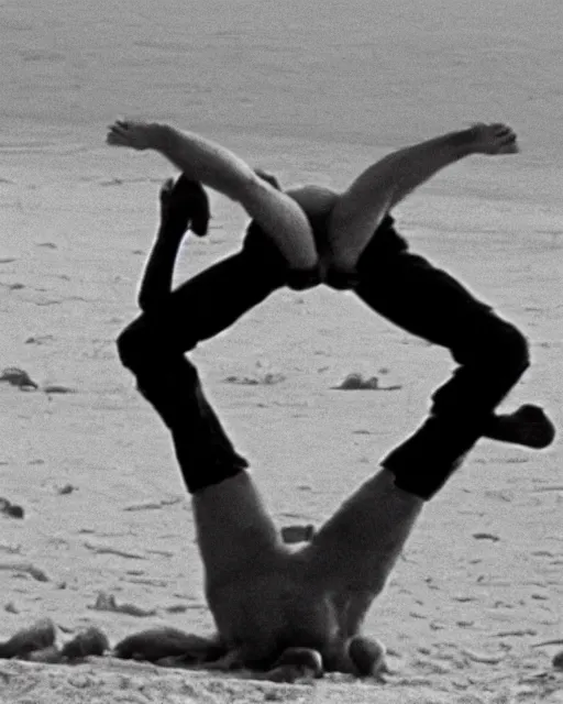 Prompt: film still close - up shot of boris johnson doing a somersault on the beach from the movie monty python's the meaning of life. photographic, photography