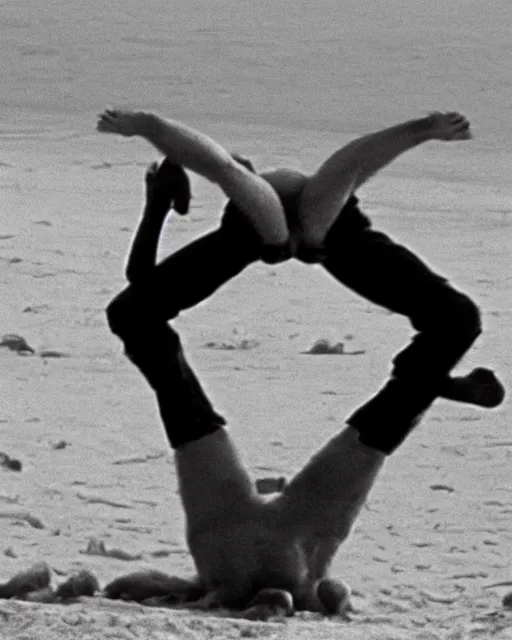 Image similar to film still close - up shot of boris johnson doing a somersault on the beach from the movie monty python's the meaning of life. photographic, photography