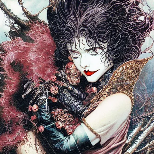 Image similar to closeup of vampire kiss, wax, by yoichi hatakenaka, masamune shirow, josan gonzales and dan mumford, ayami kojima, takato yamamoto, karol bak