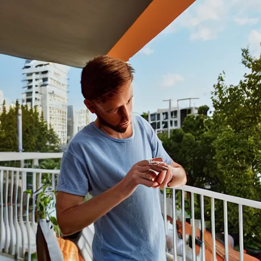 Image similar to a sad guy smoking a joint on a balcony