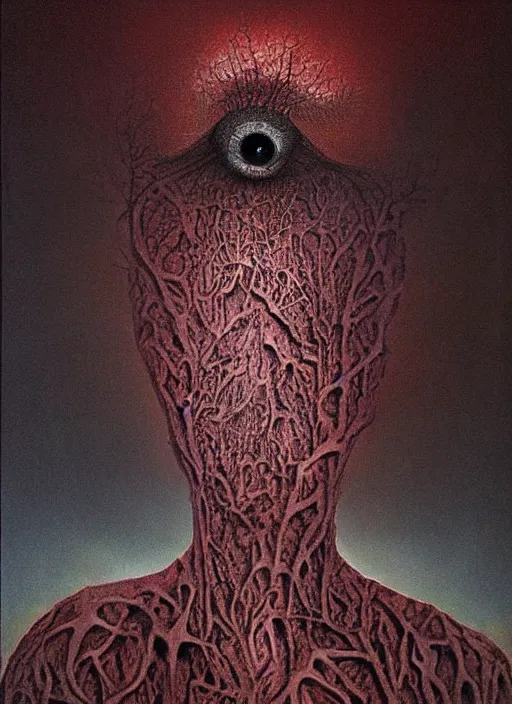 Prompt: dramatic portrait painting of woman with large crying eyes with black mandelbrot fractal instead of face, in style of zdzisław beksinski, horror, body horror,