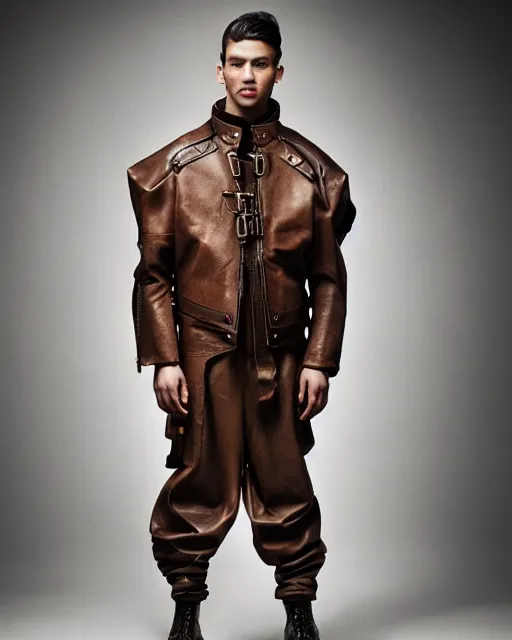 Prompt: a fashion editorial photo of a brown extremely baggy short ancient medieval designer menswear leather motorcycle jacket with an oversized collar and baggy bootcut trousers designed by alexander mcqueen, 4 k, studio lighting, wide angle lens