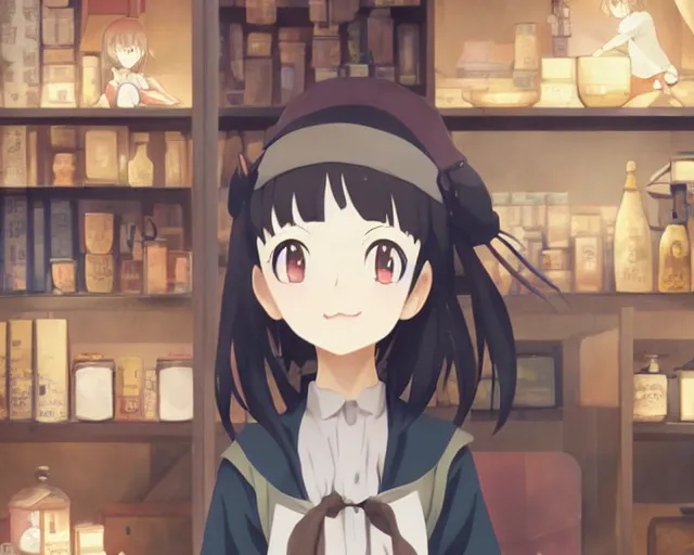 Image similar to anime visual, portrait of a young female traveler in a alchemist's shop interior, cute face by yoh yoshinari, katsura masakazu, studio lighting, dynamic pose, dynamic perspective, strong silhouette, anime cels, ilya kuvshinov, cel shaded, crisp and sharp, rounded eyes, moody