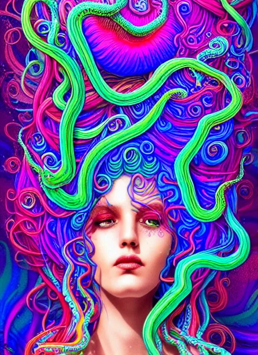 Image similar to A sea goddess with colorful tentacles hair having an extremely colorful psychedelic experience, warping time and space, magic mushrooms, psilocybin, LSD, face, detailed, intricate, elegant, highly detailed, digital painting, artstation, concept art, smooth, sharp focus, illustration, art by Krenz Cushar, Artem Demura, alphonse mucha and beeple, Octane render, unreal engine, 8K