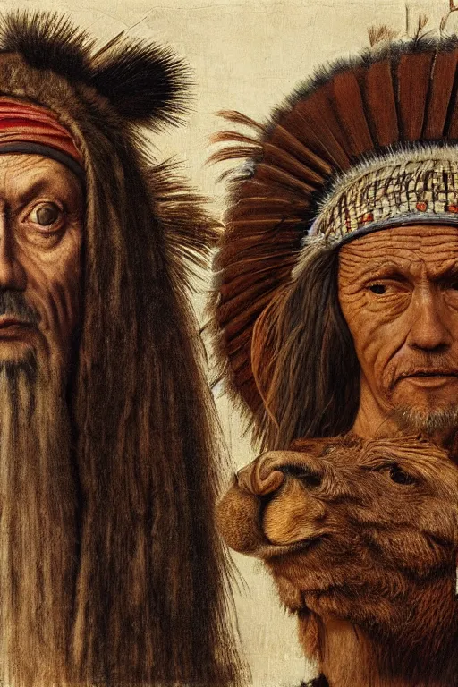 Image similar to hyperrealism close-up portrait of an ugly old man and lama in War bonnet in style of da Vinci