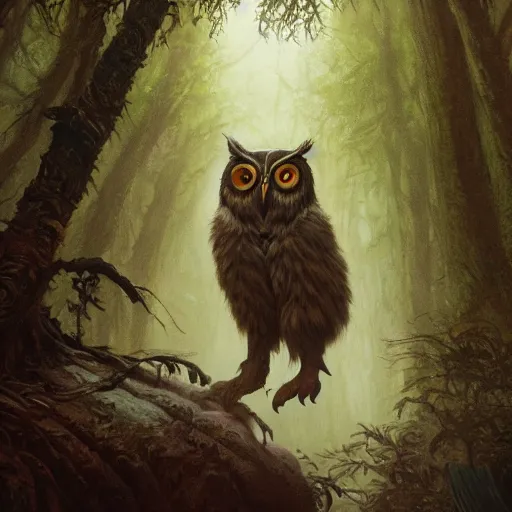 Image similar to three quarter portrait of an owlbear in the forest, d & d, fantasy, greg rutkowski, frank frazetta, alexandre chaudret, boris vallejo, michael whelan, miro petrov, hr giger, magali villeneuve, donato giancola