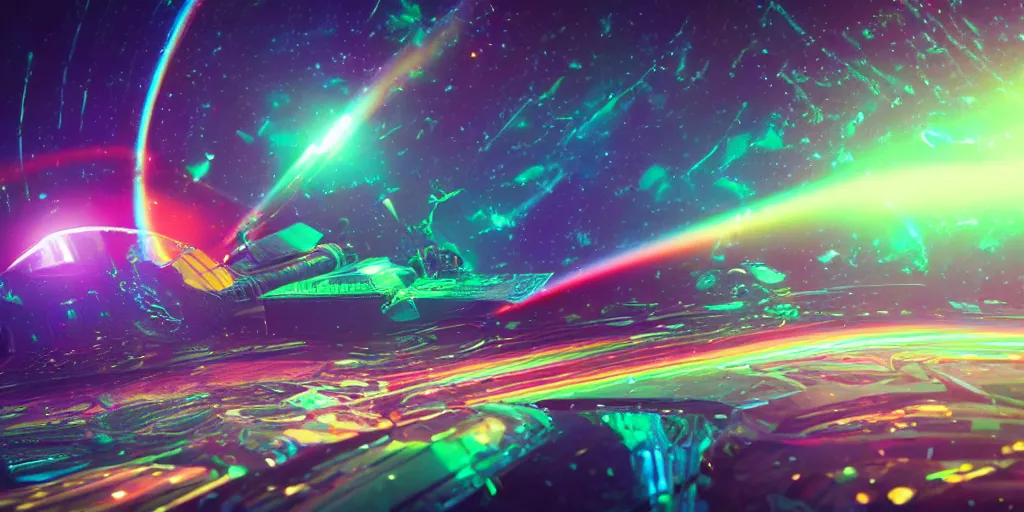 Image similar to spaceship, rainbow, star, lollipop, universe, dramatic lighting, glowing green hologram navigatuin paneis,, cinematic lighting, highly detailed, ultra realistic, 4K, octane 3D render