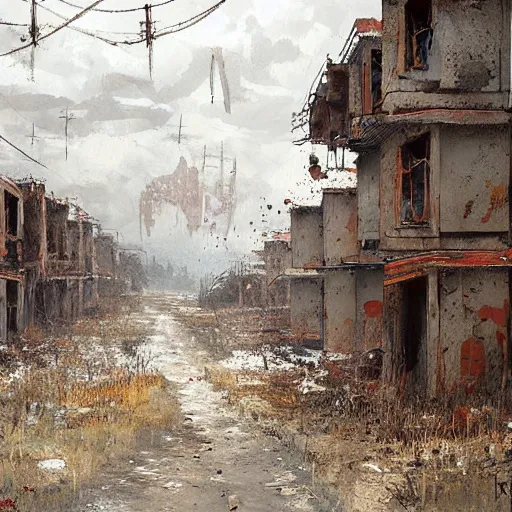 Image similar to painting of a abandoned post soviet town infested with humanoid root monsters by jakub rozalski