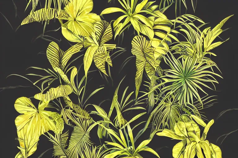 Image similar to photorealistic print of exotic, elegant tropical prints, isolated in a black background : : green surreal plants, golden flowers, art nouveau, desaturate, trending on artstation