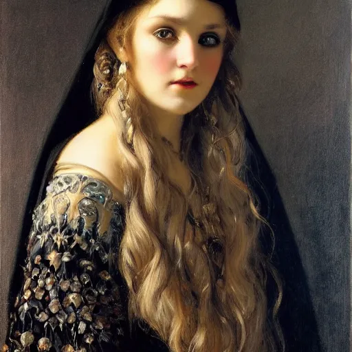 Image similar to portrait of a young women wearing a black cloak, her face is a skull, ultra realistic and highly detailed painting by gaston bussiere and j. c. leyendecker 8 k