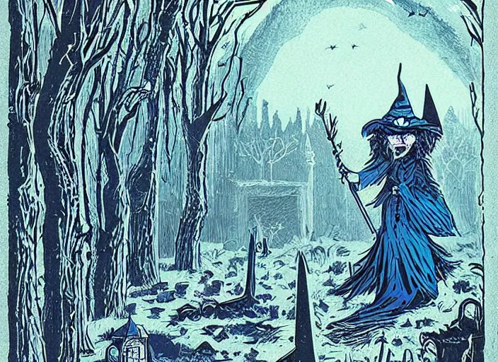 Image similar to blue woodcut print, cartoon halloween witch in graveyard at midnight by greg rutkowski, fine details, highly detailed