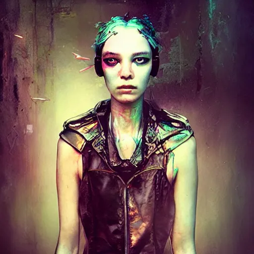 Prompt: female cyberpunk portrait by cy Twombly and BASTIEN LECOUFFE DEHARME and zhang jingna, iridescent,