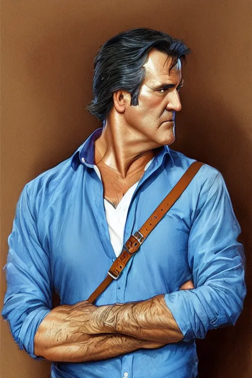 Image similar to Bruce Campbell in a blue bloody shirt with a shoulder strap, innocent, intricate, elegant, highly detailed, digital painting, artstation, concept art, smooth, sharp focus, illustration, art by artgerm and greg rutkowski and alphonse mucha