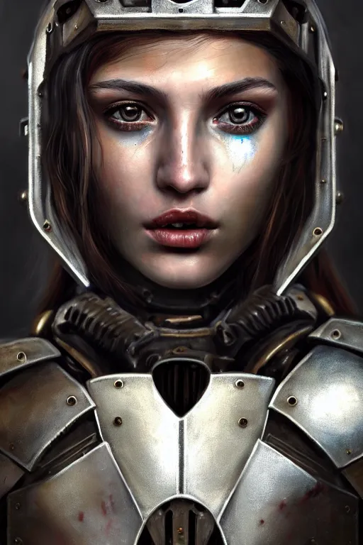 Image similar to a photorealistic painting of an attractive young girl, partially clothed in dirty metal-plated battle armor, a tiny spot of blood, olive skin, long dark hair, beautiful bone structure, symmetrical face, perfect eyes, intricate, elegant, digital painting, concept art, illustration, sharp focus, minimal artifacts, volumetric lighting, from Metal Gear, in the style of Ruan Jia and Mandy Jurgens and Greg Rutkowski, trending on Artstation, award winning