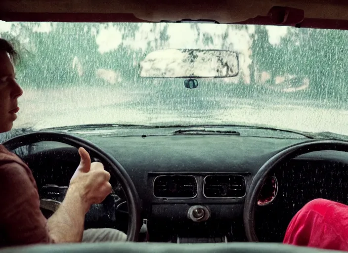 Image similar to A very high resolution image from a new movie, inside of a car, raining, hot, directed by wes anderson