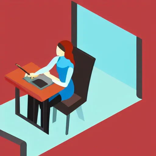 Prompt: isometric flat art of a woman writing at a desk looking out the window