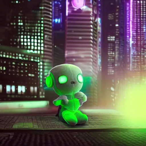 Prompt: cute fumo plush of a glowing green cyberspace hologram girl projected into a cyberpunk city, lens flare, vfx reel, vray