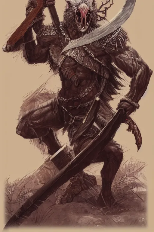 Prompt: the savage brute human - rat - snake fantasy warrior beast holding a huge axe, concept art, beautiful illustration in style of magic the gathering