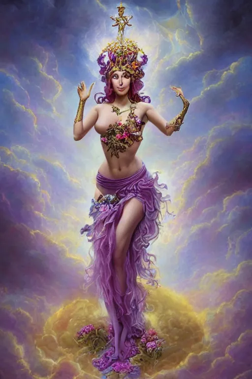 Image similar to full body pose fine art photo of the cher goddess, she has a crown of stunning flowers and frilly dress of purple satin and gemstones, background full of stormy clouds, by peter mohrbacher