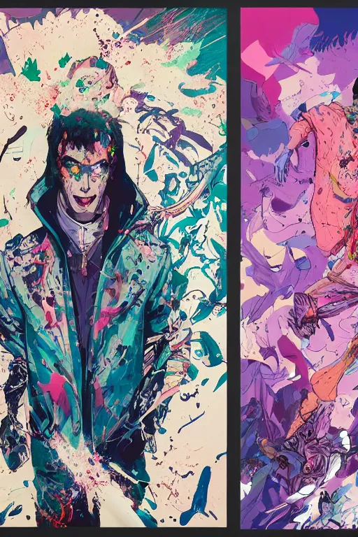 Prompt: wealthy male half necromancer diptych portrait, made of white gucci fabric, pixiv fanbox, dramatic lighting, maximalist pastel color palette, splatter paint, pixar and disney exploded - view drawing, graphic novel by fiona staples and dustin nguyen, peter elson, alan bean, wangechi mutu, clean cel shaded vector art, trending on artstation