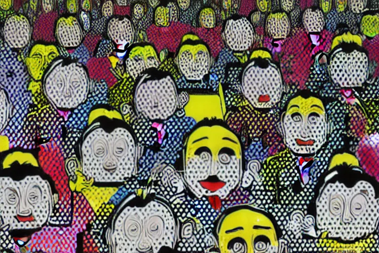 Image similar to anthropomorphic highly detailed wide - angle group portrait of grey cute mr bean goblins looking funny by roy lichtenstein, by andy warhol, ben - day dots, pop art, bladerunner, pixiv contest winner, cyberpunk style, vivid color scheme, high resolution, hd, intricate detail, fine detail, 8 k