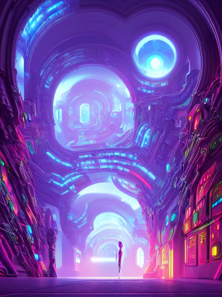 Image similar to symmetrical entrance to mainframe ethereal realm, ai sentient, octane render, symmetrical composition, dreamy colorful cyberpunk colors, 6 point perspective, fantasy landscape with anthropomorphic terrain in the styles of igor morski, jim warren and rob gonsalves, intricate, hyperrealistic, volumetric lighting, neon ambiance, distinct horizon