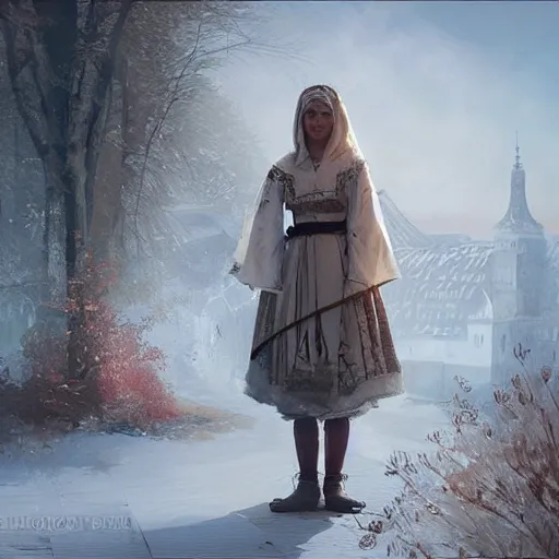 Image similar to Latvian girl in traditional clothes, Riga,highly detailed, matte painting, greg rutkowski